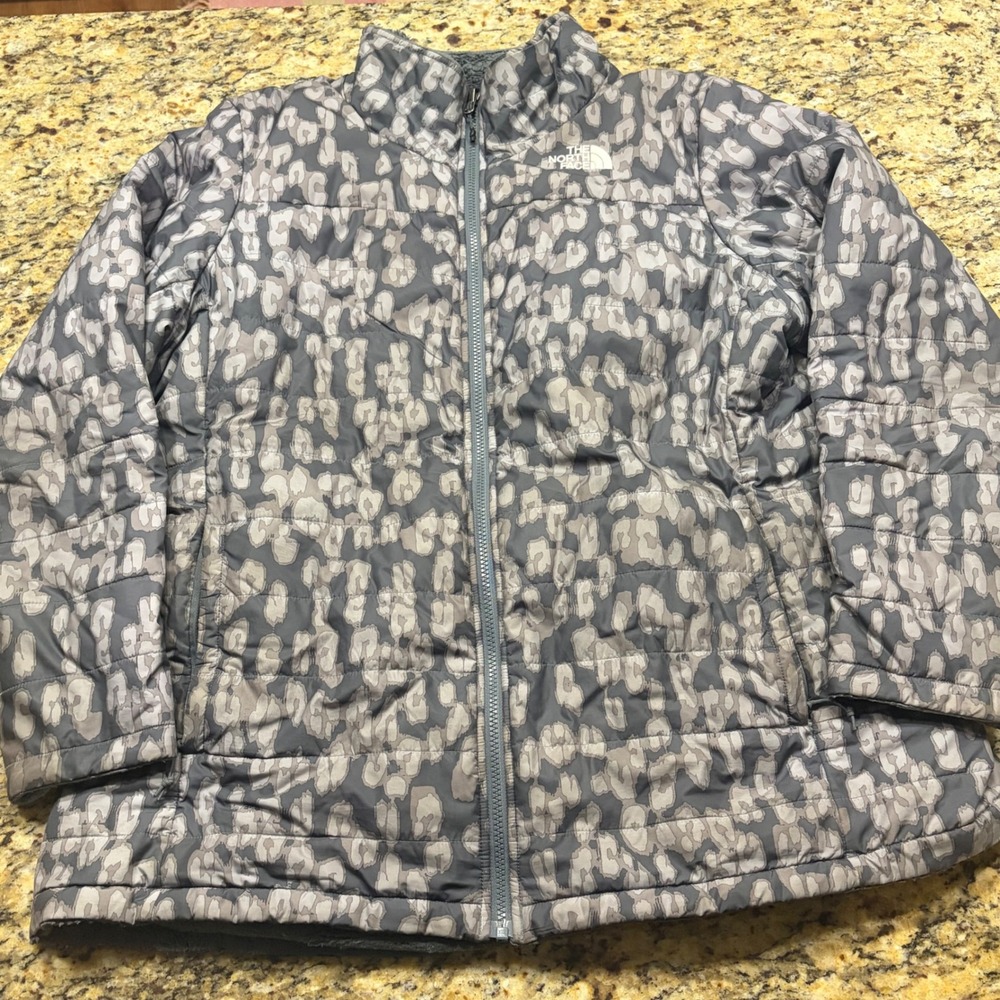 The North Face Mossbud Reversible Jacket Grey Leopard Print Fleece Womens 1X